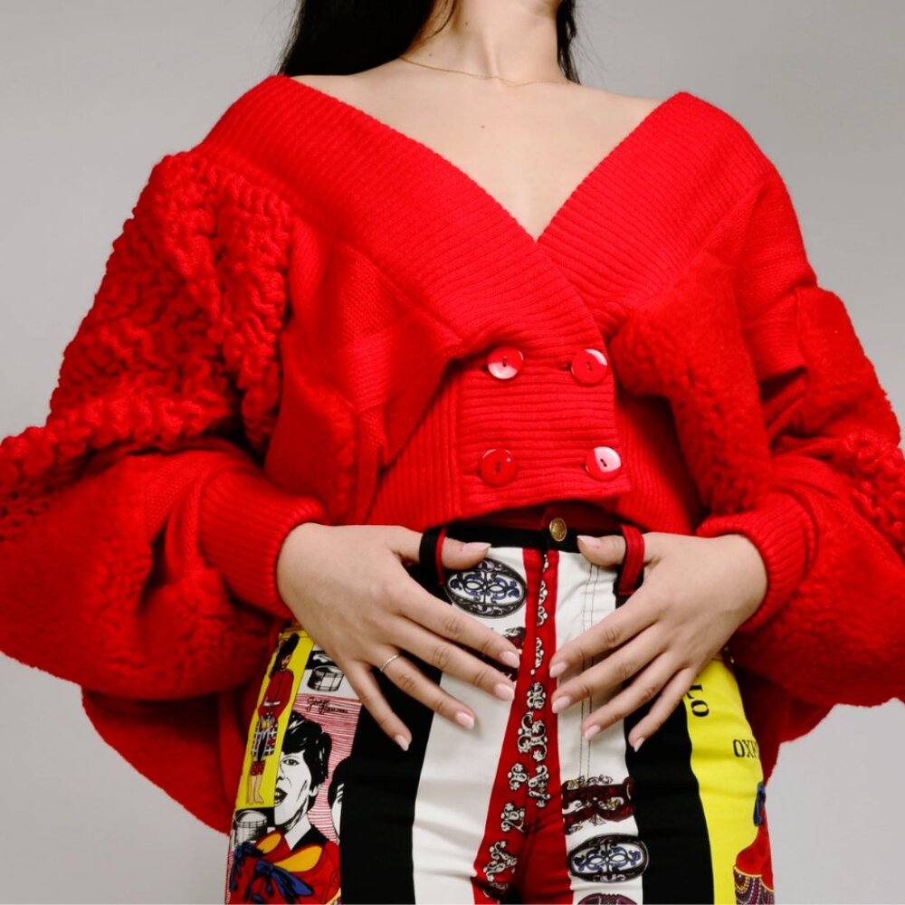 Rare Escada 1980s Red Knit Avant Garde Oversized Vintage Sweater